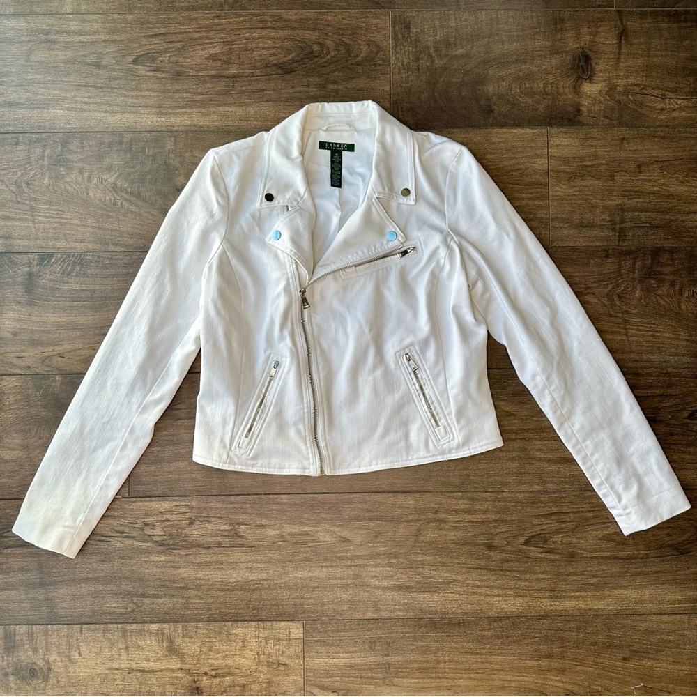 Lauren Ralph Lauren White Denim Biker Moto Jacket Asymmetrical Zip - Size 10